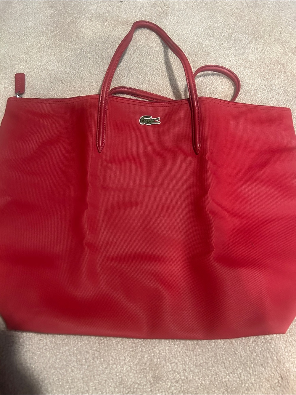 Lacoste Red Zip-Top Tote with Croc Emblem